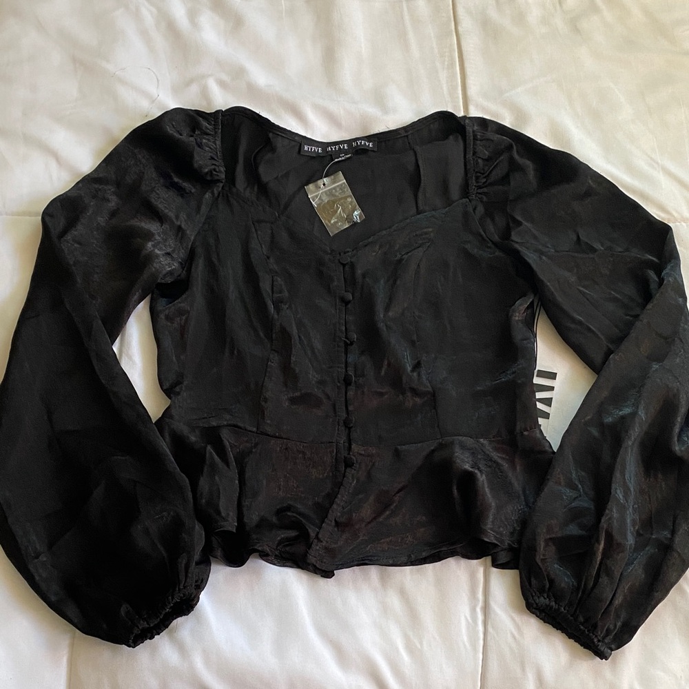 HYFVE Black Ruffle Peplum Button-Front Blouse